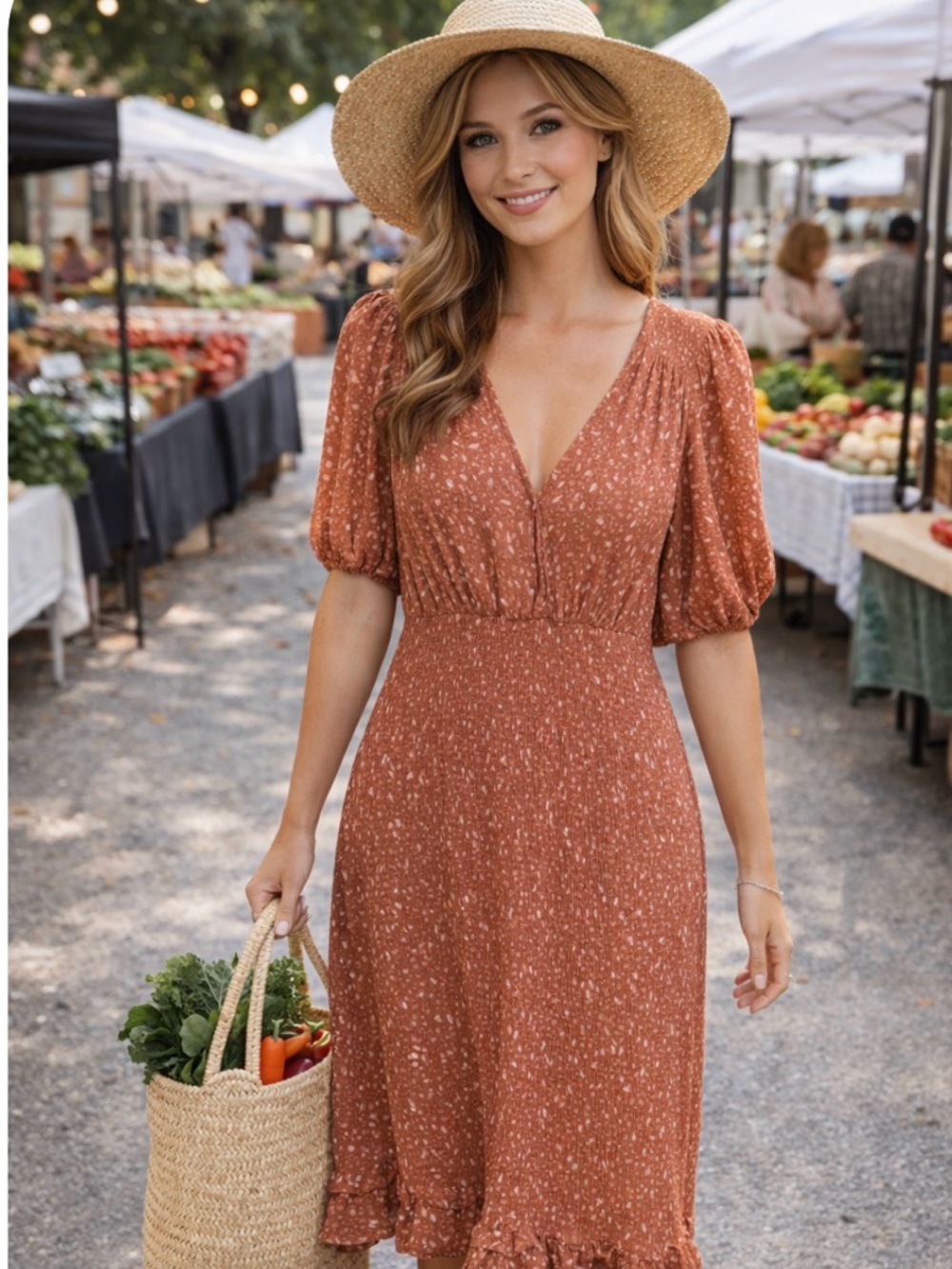 Abercrombie & Fitch Rust Midi Dress with Floral Design